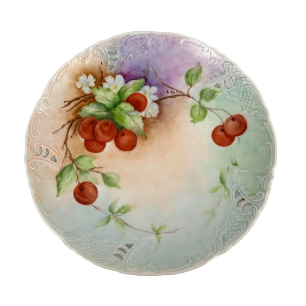 Vintage L Hall Hand Painted Reticulated Cherry Cherries Plate, Colorful 8.75"
